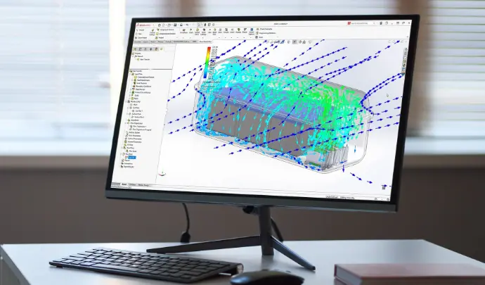 SolidWorks Flow Simulation analiza flujo de aire, líquidos y calor para optimizar productos en fase de diseño.